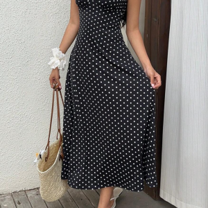 sunnyshic polka dot, lace trim sweetheart neck puff short sleeve a line midi dress